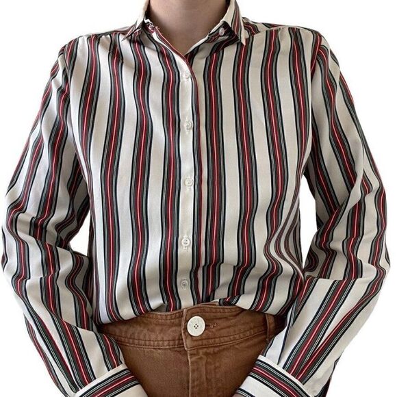 Vintage 1970s Womens Striped Collared Preppy Long Sleeve Retro Blouse Sz M - Picture 4 of 9